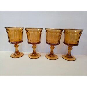Set Of 4 Vintage Amber Glass Goblets 6.5" Tall